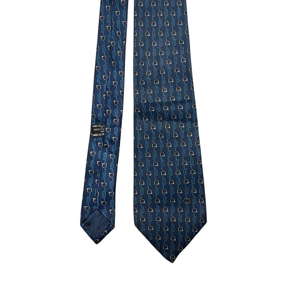 Gucci Mens Navy Blue Printed Silk Designer Neck Tie Pointed Adjustable Italy - Picture 4 of 14